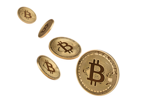 Golden bitcoin coins falling against a black background