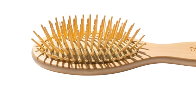 Wooden paddle hair brush with round tipped bristles isolated on transparent background