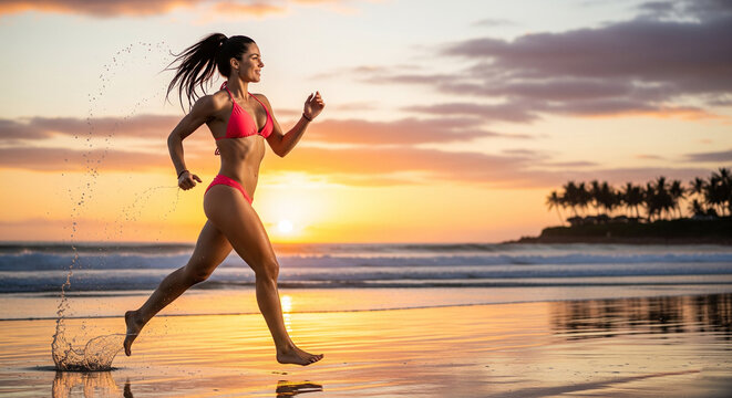 A model wearing bikini running in a beach during sunset