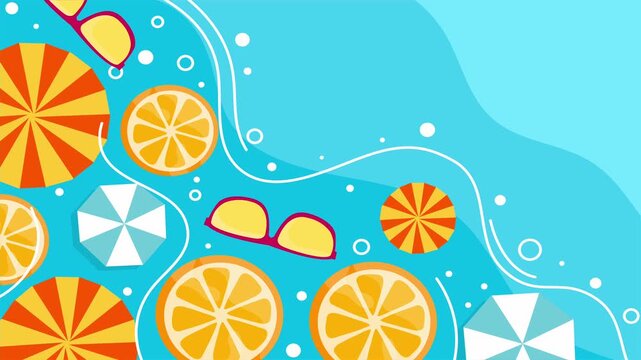 Colorful floating fruit and umbrella pattern in clear blue water summer animation