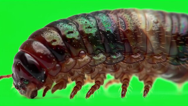 Macro Close-Up of a Segmented Caterpillar-Like Larva with Iridescent Markings on a Vivid Green Screen Background