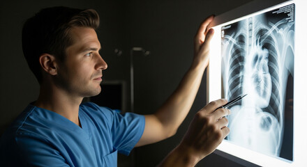 Doctor examines X-Ray scan of chest on a screen, analyzing detailed imaging results in a medical office
