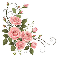 Pink roses and green leaves floral corner design isolated on transparent background