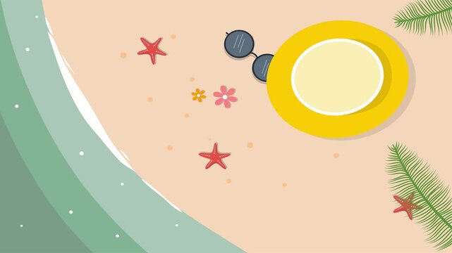 Flat beach top view with beach ball, umbrella, and starfish scattered on soft sand