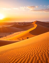 Sunrise over a vast desert landscape of sand dunes.