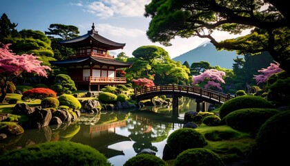 Peaceful Japanese garden with pagoda and bridge