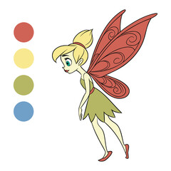 Fantasy cartoon illustration of a beautiful woman with butterfly wings and a flowing pink dress flying among magical flowers