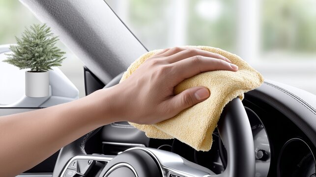 Cleaning a car interior with a microfiber cloth in a bright space