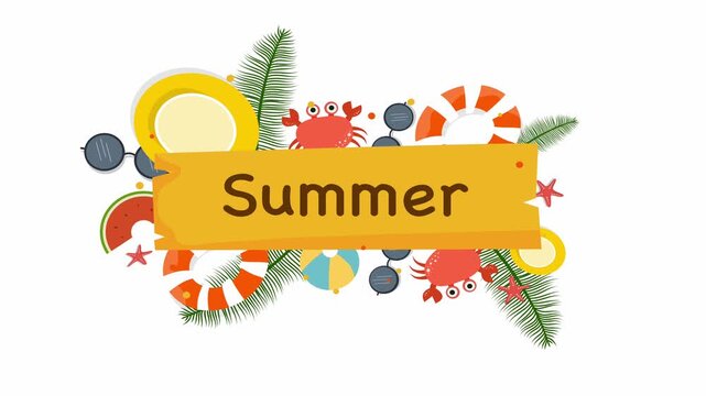 Animated summer label with beach accessories and palm leaf decoration on white background