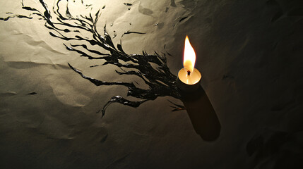 A flickering candle illuminates a dark, textured , casting an eerie shadow resembling a gnarled tree branch, creating a mysterious and contemplative atmosphere.