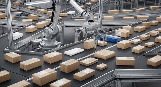 Automated robotic arm sorting parcels on a conveyor belt in a modern logistics and distribution center