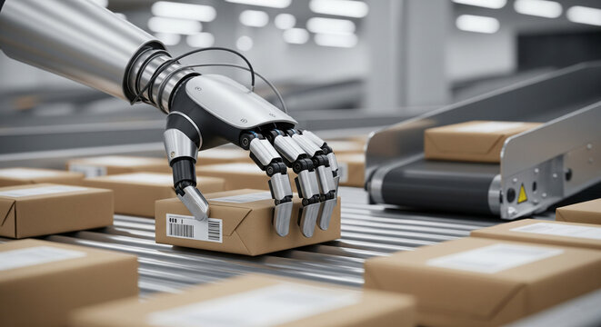 Automated robotic arm sorting parcels on a conveyor belt in a modern logistics and distribution center