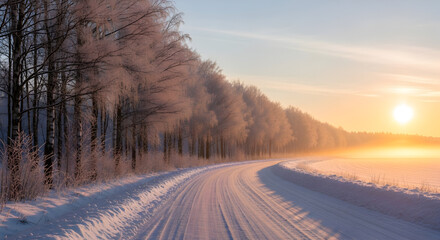 Obraz premium Frosty Birch Trees Line a Snowy Country Road at Sunrise