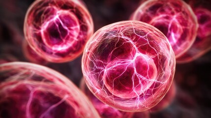 Close-up view of glowing spherical cellular structures.