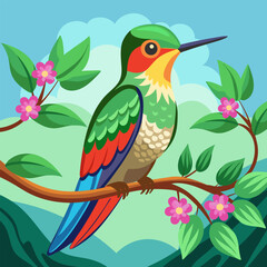 Cute hummingbird sitting on a branch with flowers. Beautiful nature background. Illustration in flat style.