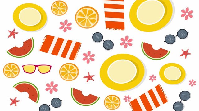 Bright summer fruit and accessories arranged as seamless vector layout