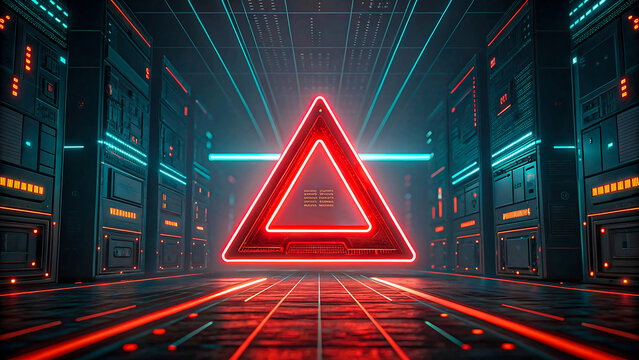 Futuristic data center hallway with vibrant red and blue neon lights for innovative tech companies