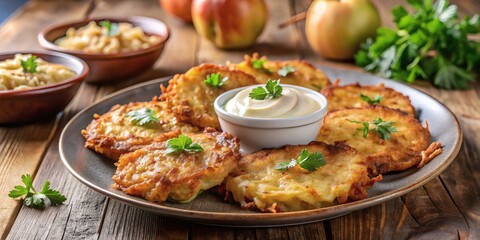 Fototapeta premium Delicious potato latkes with sour cream, applesauce, and fresh apples