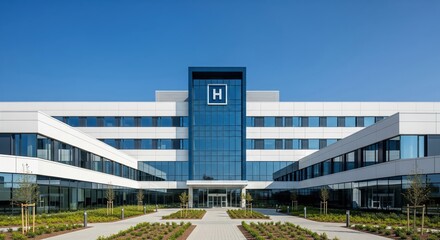 Modern hospital with glass walls, clean white facade, symmetrical design, and landscaped walkway under a clear blue sky