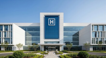 Modern hospital with glass walls, clean white facade, symmetrical design, and landscaped walkway under a clear blue sky