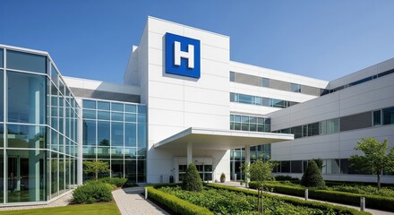Modern hospital with glass walls, clean white facade, symmetrical design, and landscaped walkway under a clear blue sky