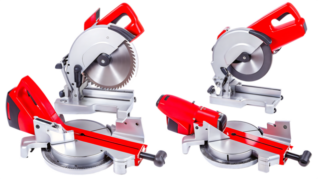 Red silver compound miter saws isolated on a transparent background chop saw power tool
