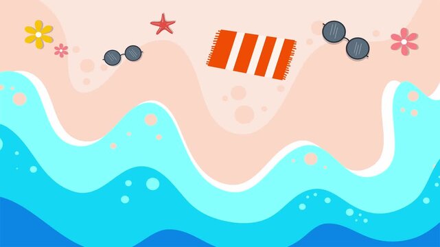 Stylized beach waves and colorful summer items on sandy shoreline