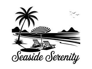 Obraz premium Seaside Serenity a Monochrome Tropical Beach Scene with Palm Tree Umbrella and Chairs for Relaxation