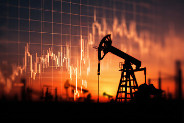 Oil pumpjack silhouette over financial data chart