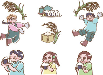 稲の収穫とオニギリを食べる子ども達のイラストセット