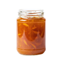 Open glass jar of orange marmalade or fruit jam