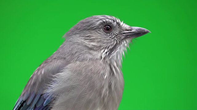 Detailed Profile of a Grey and Blue Bird Against a Vivid Green Screen Background for Compositing