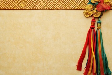 Elegant backdrop with textured gold border and colorful tassels, perfect for cultural presentations and festive event announcements.