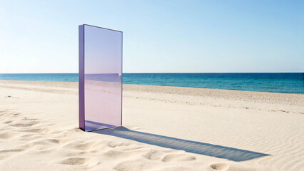 Serene beach scene with a tall purple glass panel casting a long shadow on the sand, overlooking the tranquil turquoise ocean under a clear blue sky