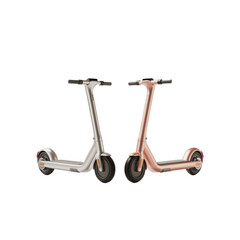 Two modern electric scooters one silver and one rose gold presented side by side isolated on transparent background