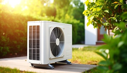 Modern air conditioning unit installed in a private garden with green plants
