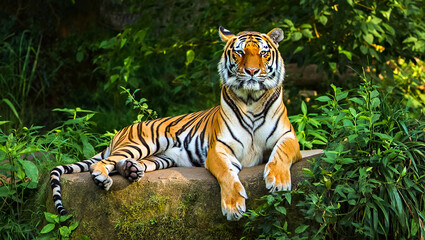 Majestic tiger resting on a rock surrounded by lush green jungle foliage