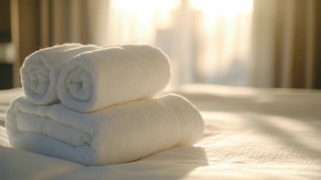 A pile of neatly folded towels resting on the edge of a bed, ready for use
