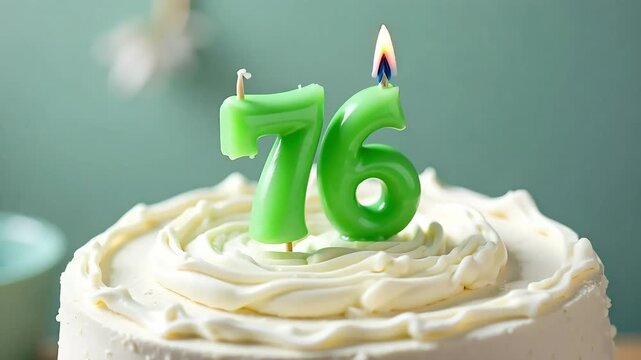 Celebrating a 76th Birthday with a Festive Cake and Lit Candles, Joyous Moment