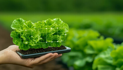 sustainable lifestyle with community gardens and efficiency. Smart apps glowing with real-time alerts for optimal harvesting times, ensuring efficiency in sustainable gardening