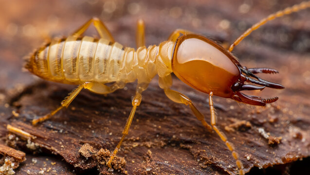 Close up macro shot of a termite soldier with large mandibles on wood