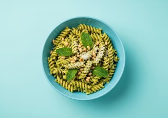 Delicious fusilli pasta with pesto and fresh basil leaves in a blue bowl