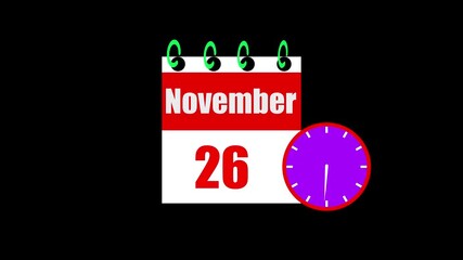 26 November month calendar with time symbol. Simple calendar icon animation and date change of time month.Analog calendar design month concept animation 4k video.
