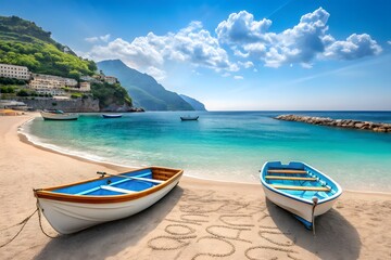 Boats on sandy beach with Italian coastal town ocean