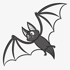 Cute cartoon bat with big eyes flying with spread wings on a white background