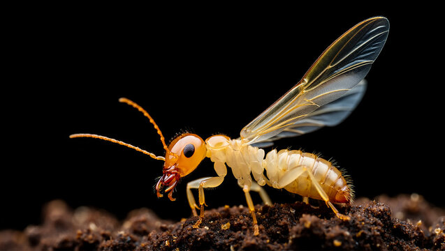 Close up of a winged ant queen with translucent wings on dark soil