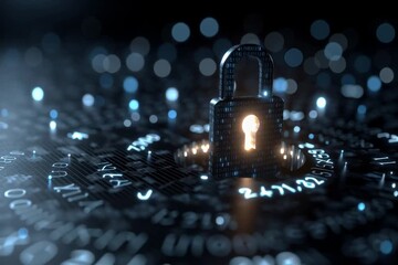 Cybersecurity padlock rotating in digital environment with floating encrypted data. - Powered by Adobe
