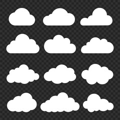 Set of 12 white cloud icons on a transparent background. Cloud shapes vary in size and style. Perfect for weather apps, cloud graphics, and design projects. Weather illustration, vector set.