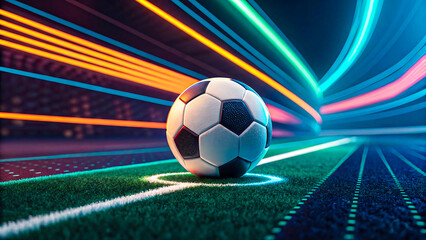 Dynamic soccer ball on vibrant field with glowing light trails for powerful sports marketing