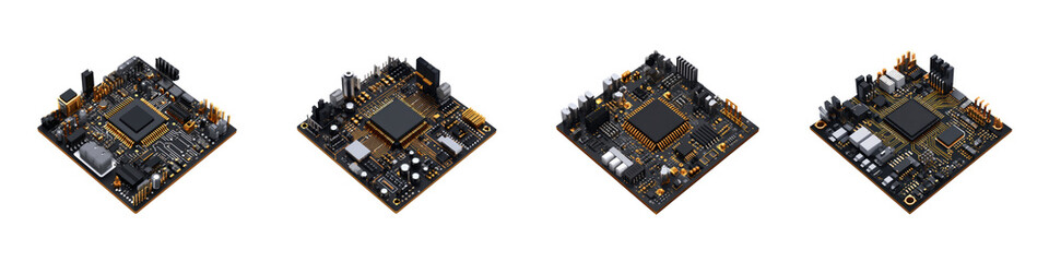 Four isometric circuit boards with golden traces microchips and electronic components Modern digital hardware isolate